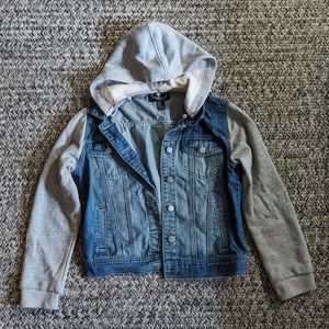 Forever 21 Knit Sleeve Hooded Jean Jacket
